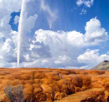 Soda Springs geyser erupting near Soda Creek Campground in Soda Springs, Idaho.