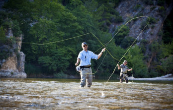 Two men fly flishing in Alexander Reservoir near Soda Creek Campground in Soda Springs, Idaho.