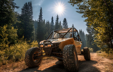 A side by side on a dirt trail with trees and mountains in the background with the sunny shining in a blue sky near Soda Creek Campground in Soda Springs, Idaho.
